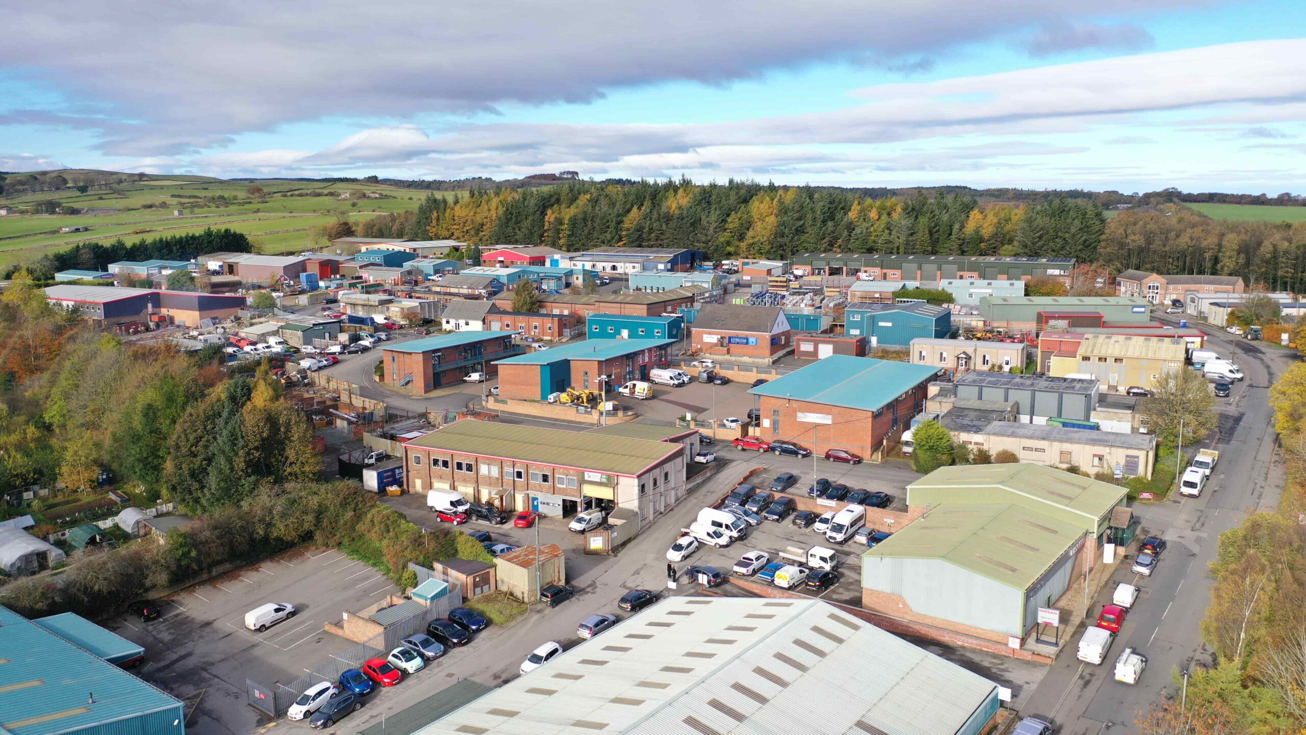 Aerial photograph of the Gallowfields Trading estate showing multiple units of different shapes and sizes.