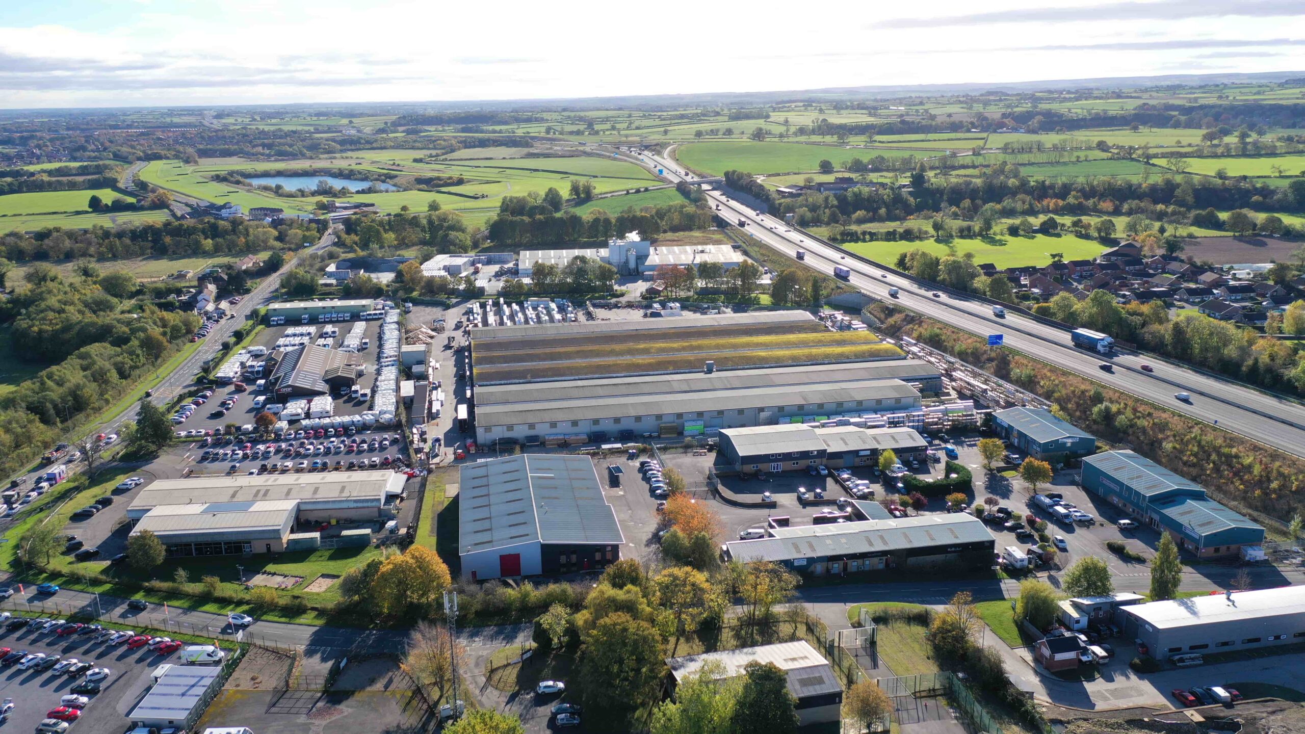 Aerial photograph of Gatherley Road Industrial Estate showing industrial units and their adjacency to the A1(m)