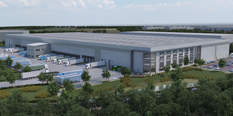 computer generated image of a large logistics unit with heavy goods vehicles on loading docks