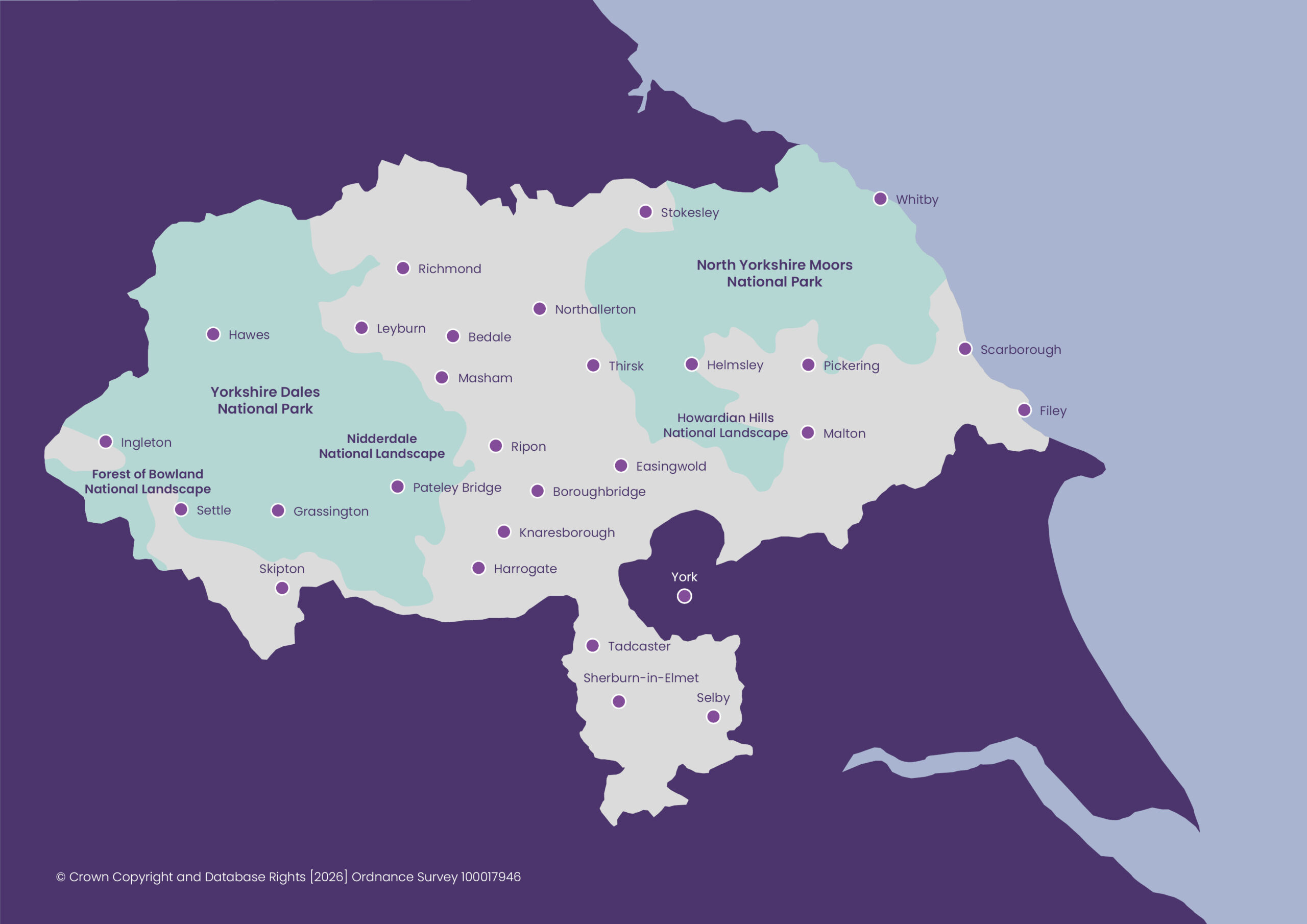 homepage-map Map of North Yorkshire showing towns and protected landscapes. Highlighted areas include the Yorkshire Dales National Park, North York Moors National Park, Nidderdale and Howardian Hills National Landscapes, with place names such as York, Harrogate, Scarborough, Whitby, Skipton, and Richmond labelled