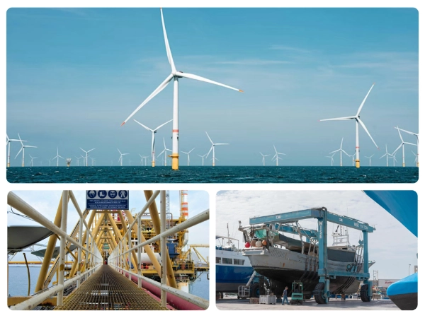 Collage of maritime and renewable energy industries featuring offshore wind turbines at sea, a walkway on an offshore platform, and a boat being lifted in a dockyard by industrial equipment.