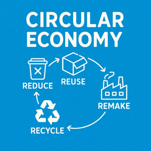 Blue infographic illustrating the circular economy, showing a continuous cycle of reduce, reuse, remake and recycle, connected by arrows around simple white icons.