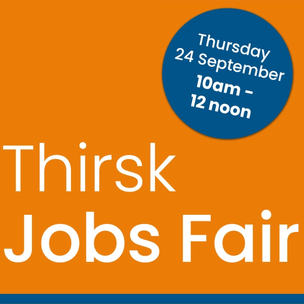 Promotional graphic for a Thirsk Jobs Fair on an orange background. A blue circular badge displays the event details: Thursday 24 September, 10am to 12 noon.